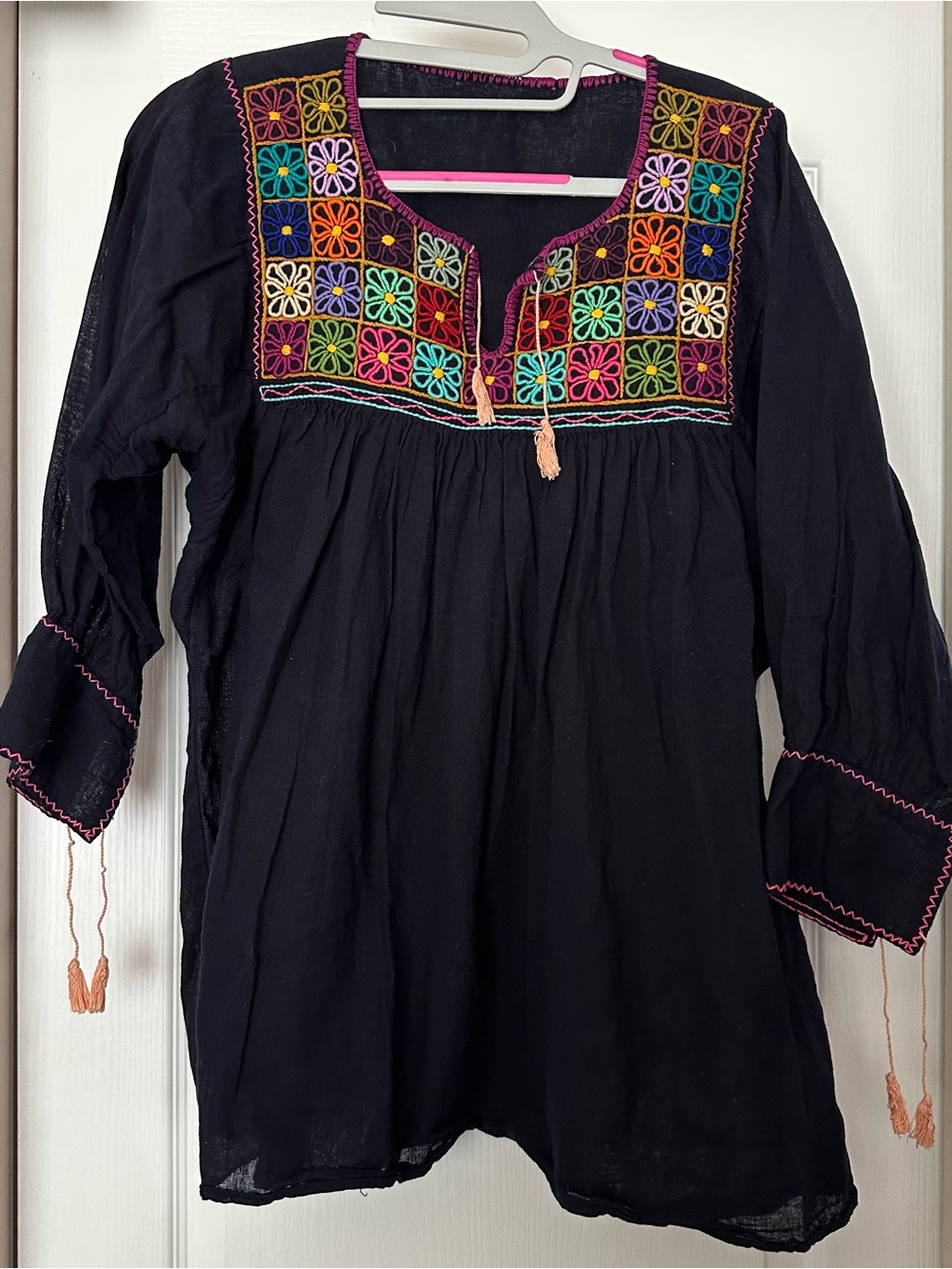 Embroidered Black Peasant Blouse with Multicolor Yoke